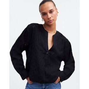 Madewell Long Sleeve Popover Top Blouse In Eyelet Lace Black Oversized Size XXS